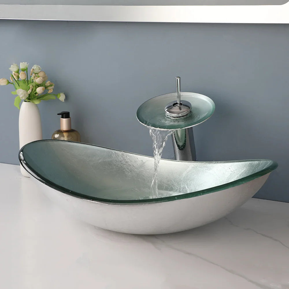 Argento Oval - Silver Tempered Glass Vessel Sink with Faucet