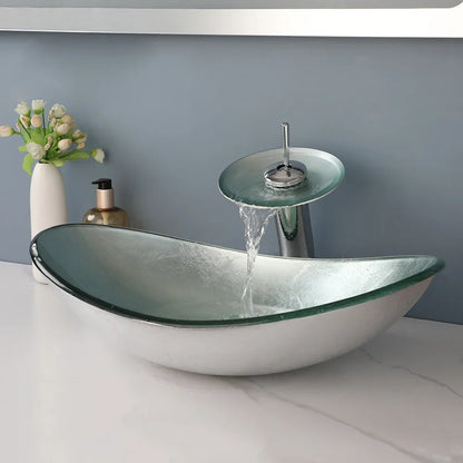 Argento Oval - Silver Tempered Glass Vessel Sink with Faucet