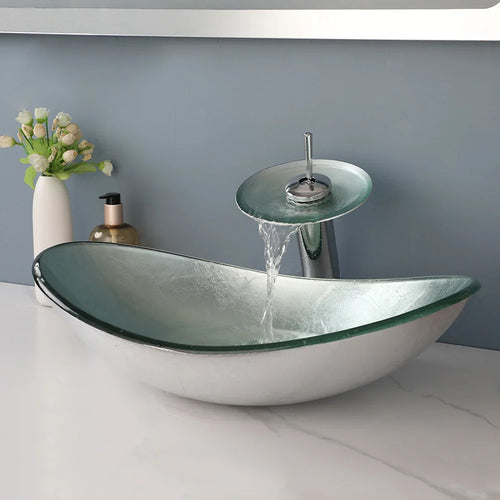 Argento Oval - Silver Tempered Glass Vessel Sink with Faucet