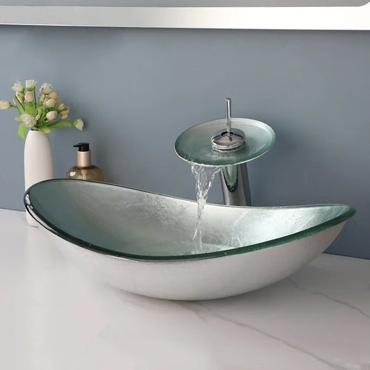 Argento Oval - Silver Tempered Glass Vessel Sink with Faucet