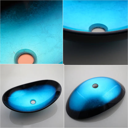 Blue Oval Tempered Glass Vessel Sink Set