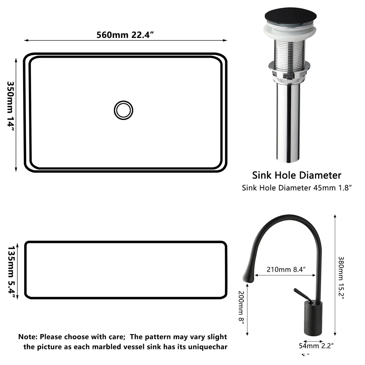 22-Inch Stone Resin Rectangle Vessel Sink with Faucet