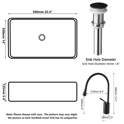 22-Inch Stone Resin Rectangle Vessel Sink with Faucet