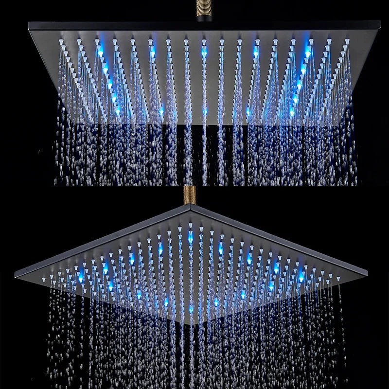 LED Rainfall Shower Head - Large Brass Square Faucet