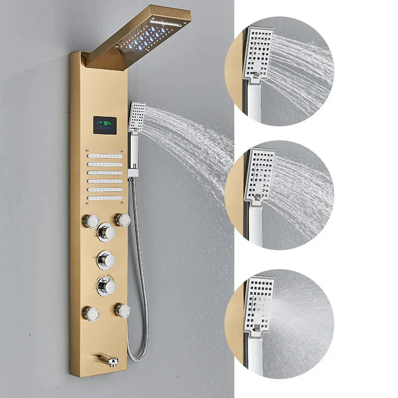 Aureum Luxe - Golden LED Shower Panel with Waterfall & Massage Jets
