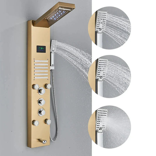 Aureum Luxe - Golden LED Shower Panel with Waterfall & Massage Jets