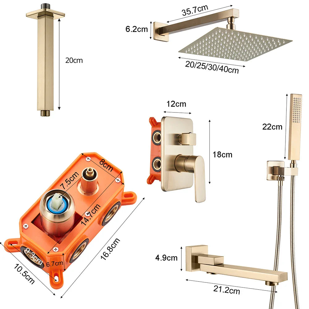 Brushed Gold Rainfall Shower Set - Wall Mounted Mixer Tap