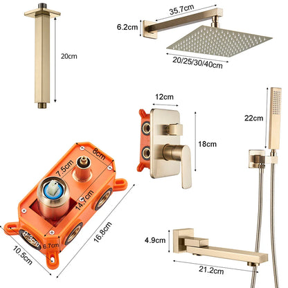 Brushed Gold Rainfall Shower Set - Wall Mounted Mixer Tap