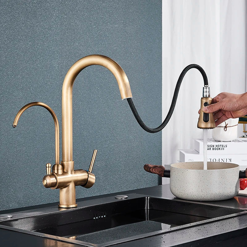 Antique Brass Filter Kitchen Faucet - Pull Out Spout