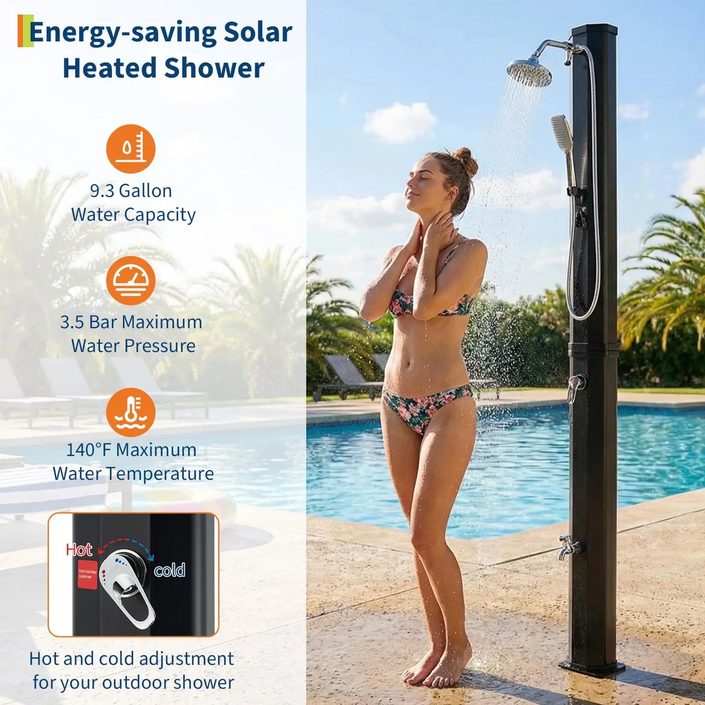 Solstice 9.3 Gal Solar Heated Pool Shower - Freestanding Outdoor Kit