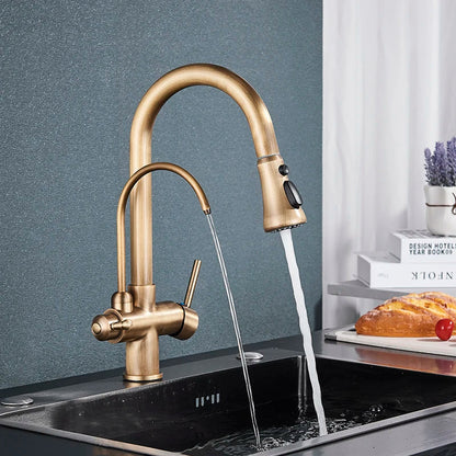 Antique Brass Filter Kitchen Faucet - Pull Out Spout