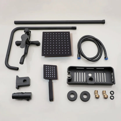 Matte Black Rainfall Shower System with Storage Shelf