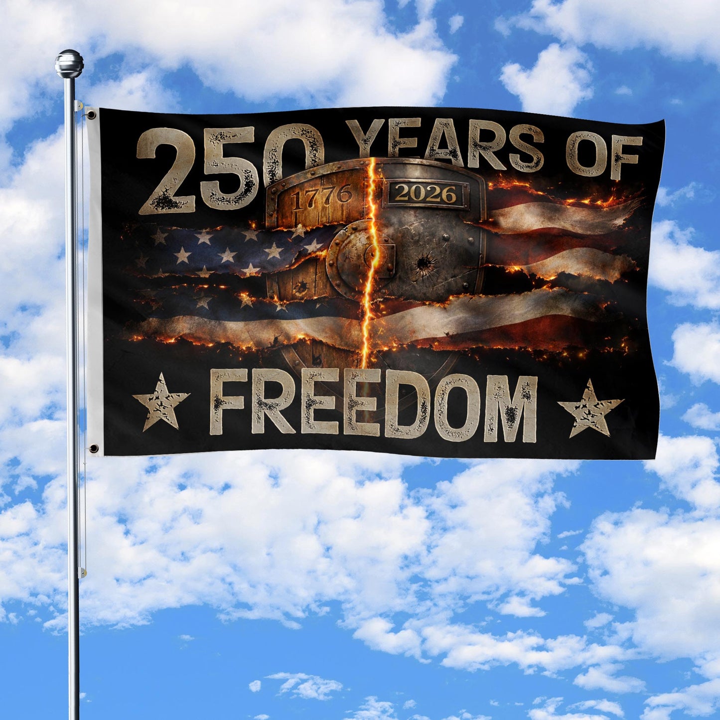 250 Years Of Freedom Semiquincentennial Flag 1776 2026 Burning Metal Shield Patriotic Gift Idea