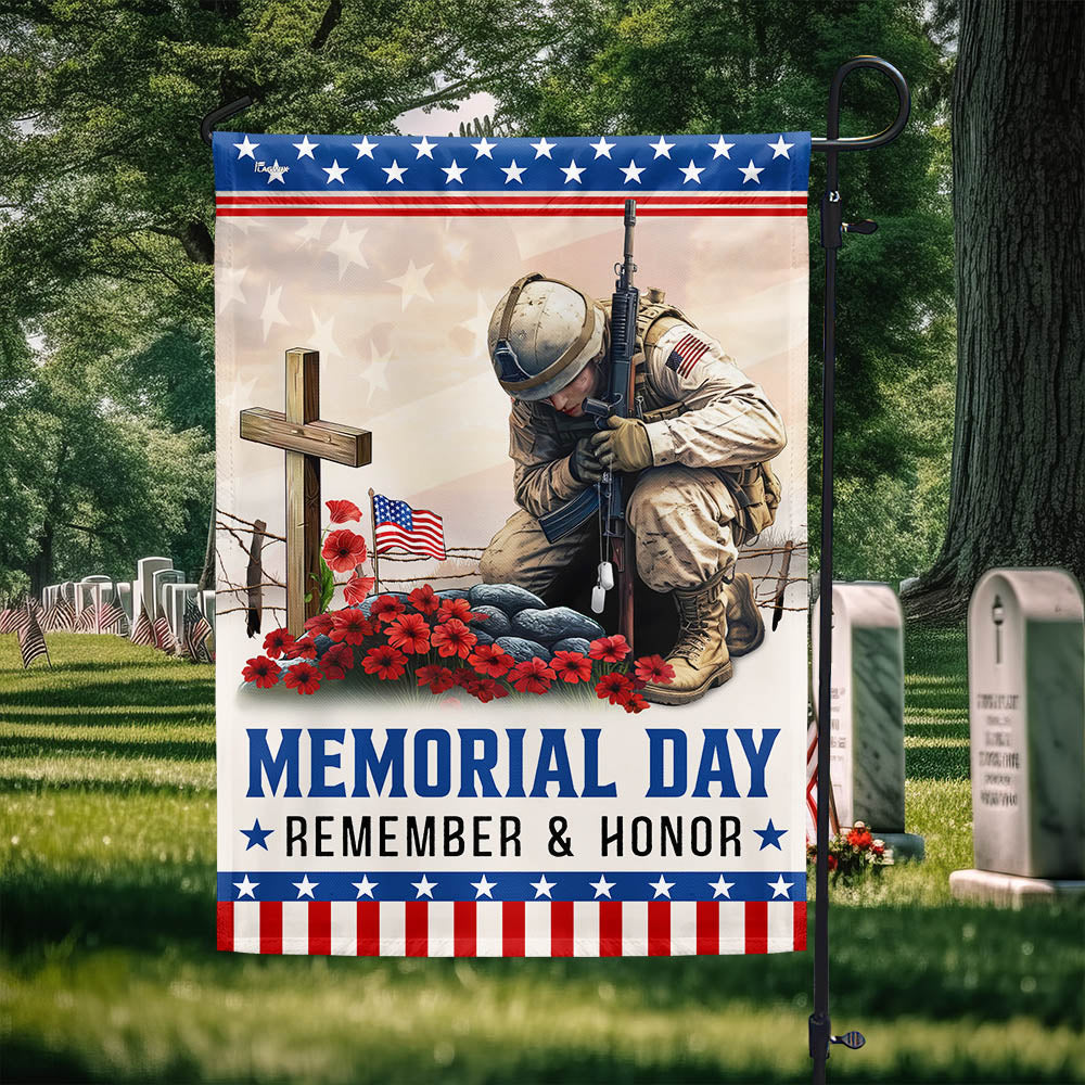US Military Remember And Honor Flag  Military Soldier And Cross Merch Patriotic Decor
