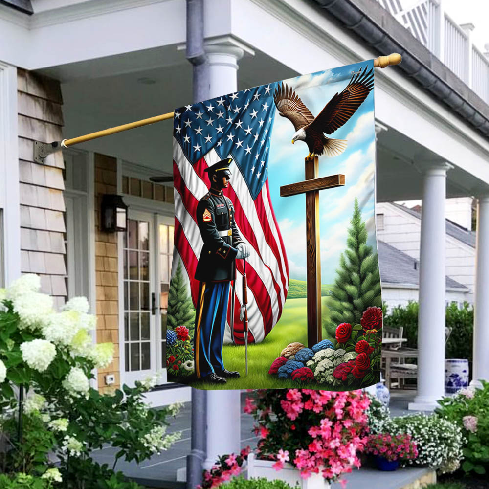 US Military Soldier Standing Before The Cross Flag 4Th Of July Merch Outdoor Decor