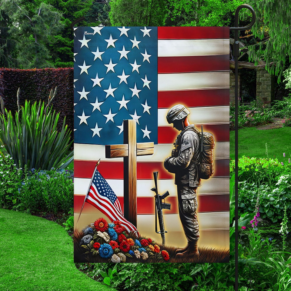 US Veteran Remembrance Veteran Standing Before The Cross Flag 4Th Of July Merch Outdoor Decor