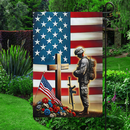 US Veteran Remembrance Veteran Standing Before The Cross Flag 4Th Of July Merch Outdoor Decor