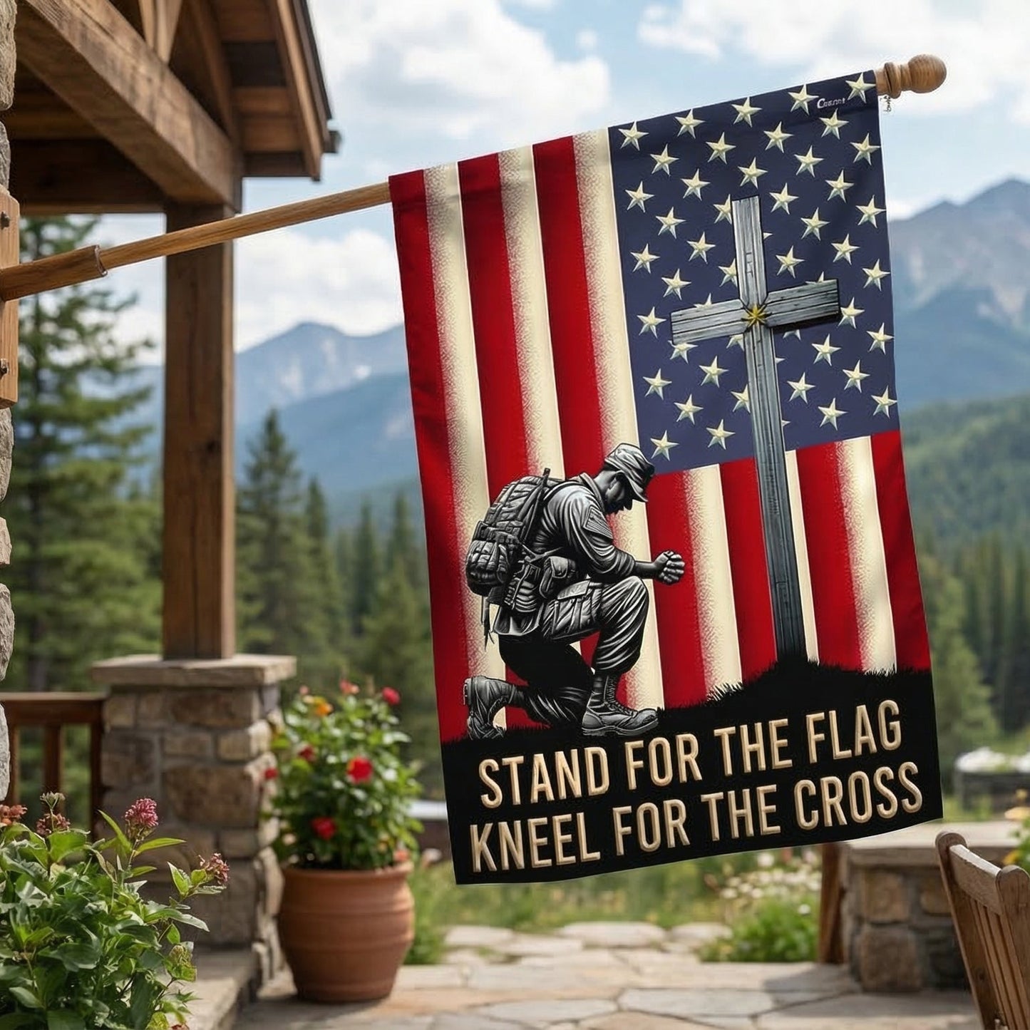 US Veteran Stand For The Flag Kneel For The Cross Flag Cross Veterans Day Christ Outdoor Decor