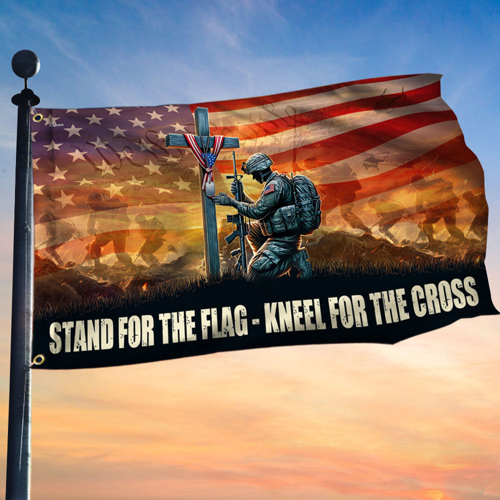 US Veteran Stand For The Flag Kneel For The Cross Flag Cross Military Soldier Flag Decor Patriotic Merch