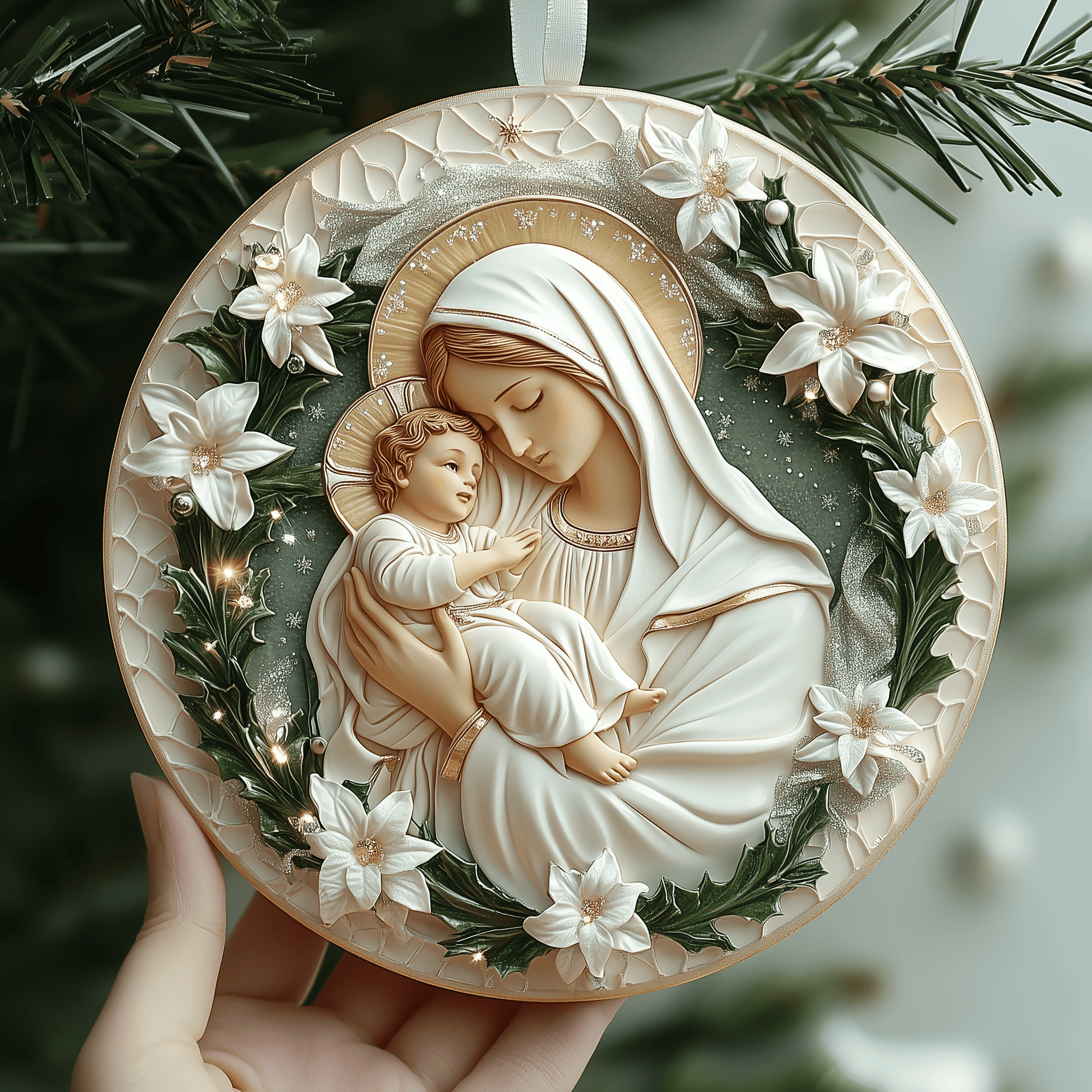 Virgin Mary And Baby Jesus Mica Ornament Holy Family Christmas Ornament Religious Holiday Gift Idea