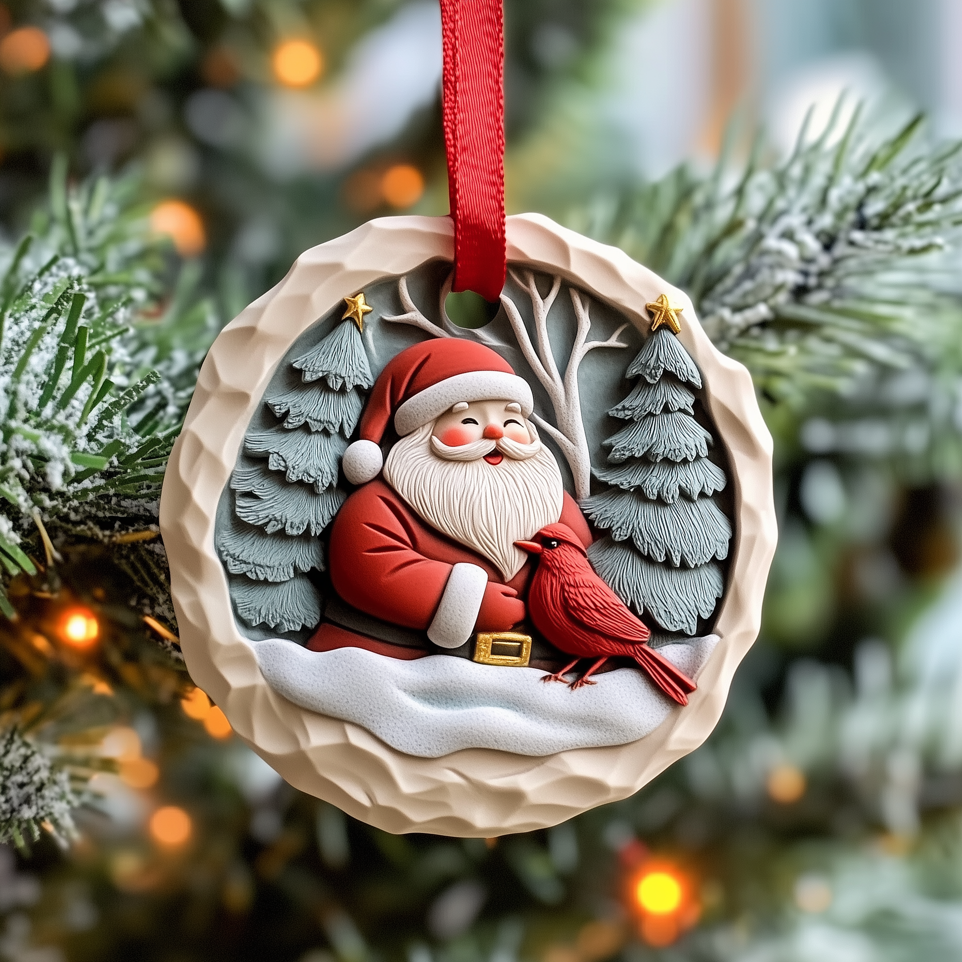 Santa With Cardinal Mica Ornament Handcrafted Santa Design Christmas Ornament Perfect Holiday Gift