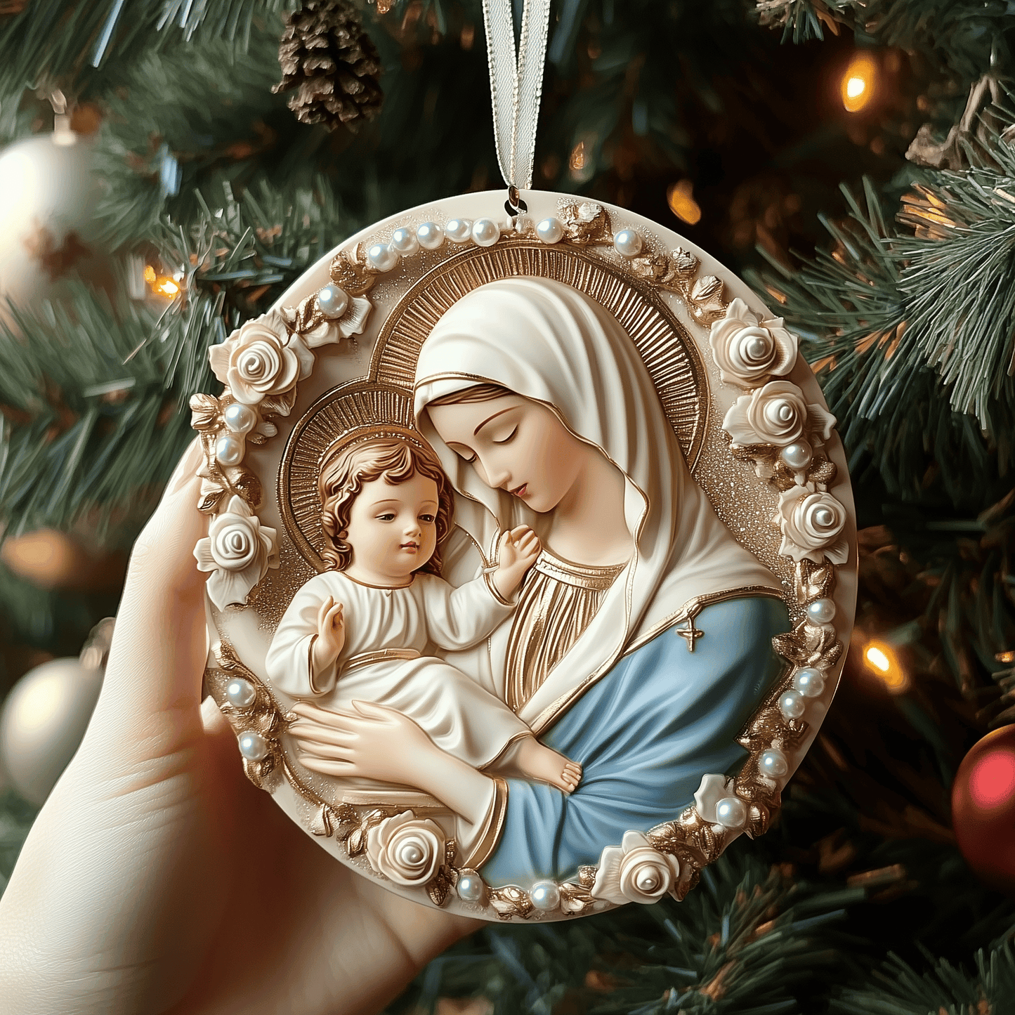 Virgin Mary And Baby Jesus Mica Ornament Sacred Christmas Ornament Religious Holiday Decoration Gift