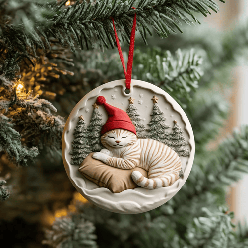 Sleeping Cat Mica Ornament Handcrafted Kitty Design Christmas Ornament Perfect Gift For Cat Lovers