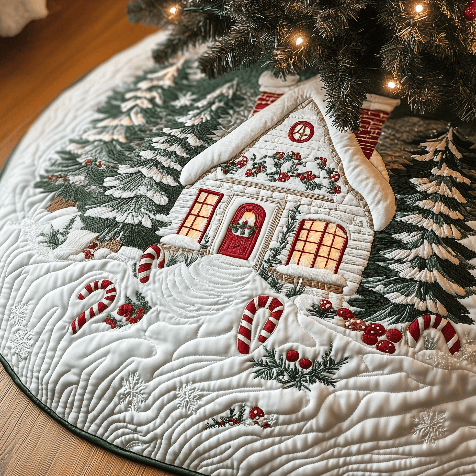 Candy Canes Whimsical House Quilted Tree Skirt GFTOTP1320