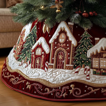 Gingerbread Village Quilted Tree Skirt Red Themed Decor Gifts For Gingerbread Lovers
