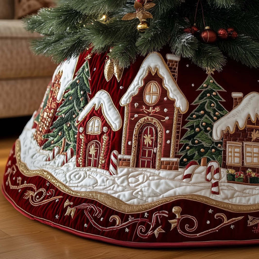 Gingerbread Village Quilted Tree Skirt Red Themed Decor Gifts For Gingerbread Lovers