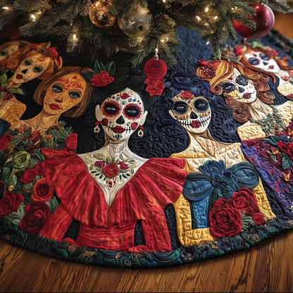 Floral Sugar Skull Quilted Tree Skirt Decoration Gifts Ideas For Mexican Skull Lovers