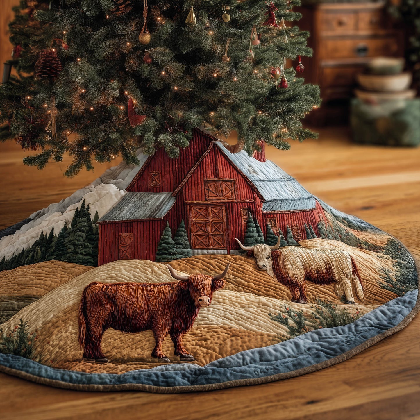 Highland Cow Red Barn Quilted Tree Skirt Unique Decoration Gifts For Highland Cow Lover