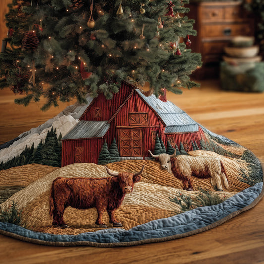 Highland Cow Red Barn Quilted Tree Skirt Unique Decoration Gifts For Highland Cow Lover