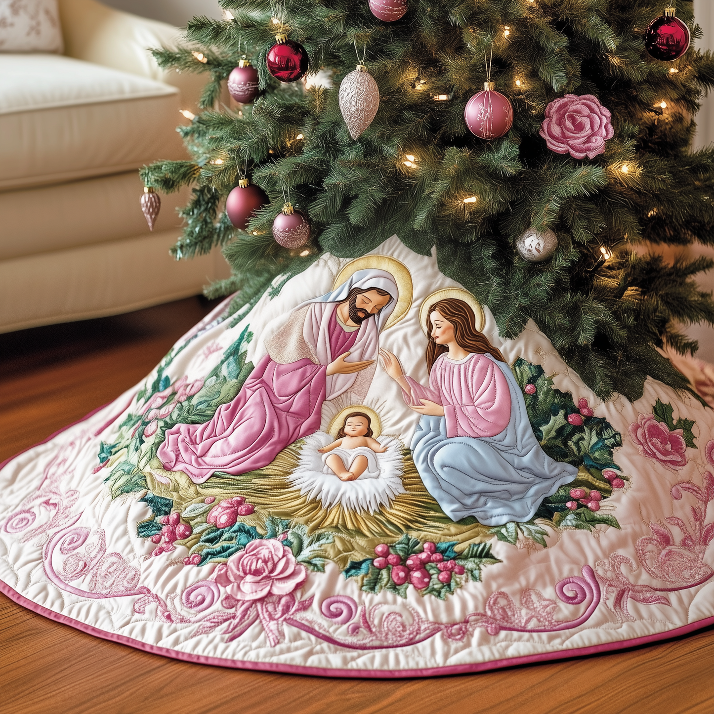 Nativity Scene Quilted Tree Skirt Faith Present For Family 2025 Holiday Decoration