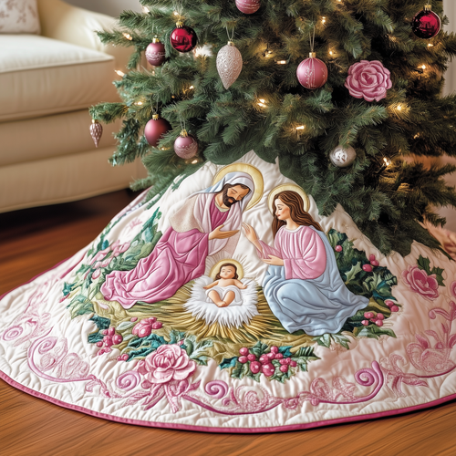 Nativity Scene Quilted Tree Skirt Faith Present For Family 2025 Holiday Decoration