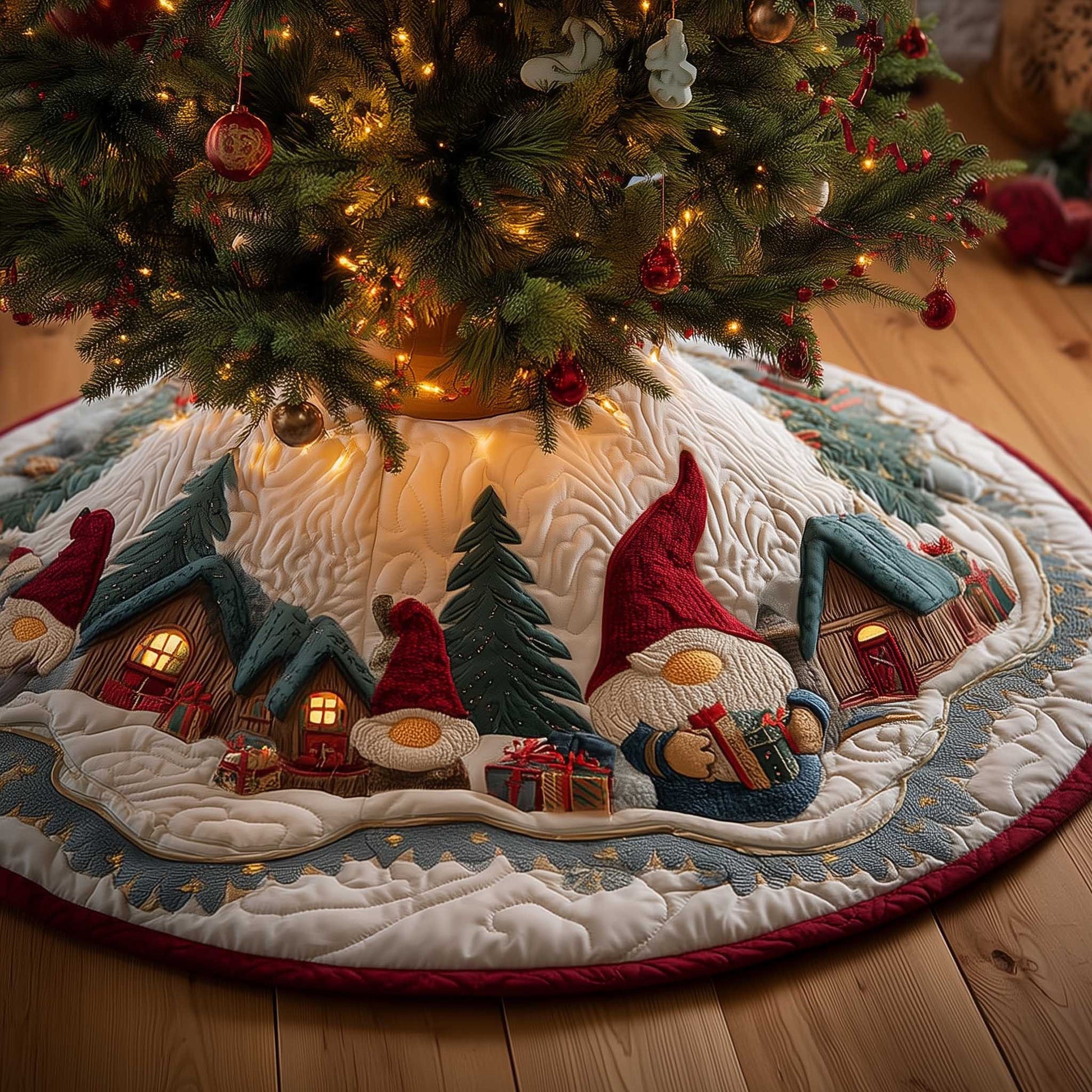 Snowy Gnome Quilted Tree Skirt Holiday Decor Present For Gnome Lovers