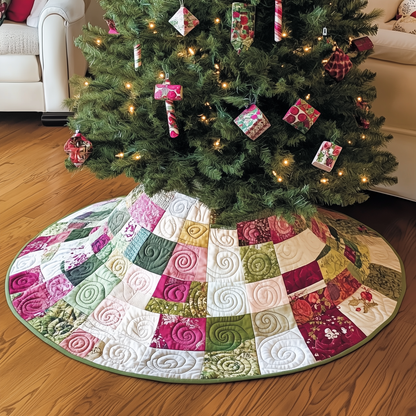 Pink Green Patchwork Quilted Tree Skirt Classical Patchwork Decor Gifts For Family Tree