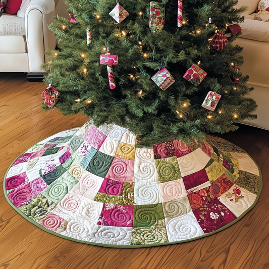Pink Green Patchwork Quilted Tree Skirt Classical Patchwork Decor Gifts For Family Tree