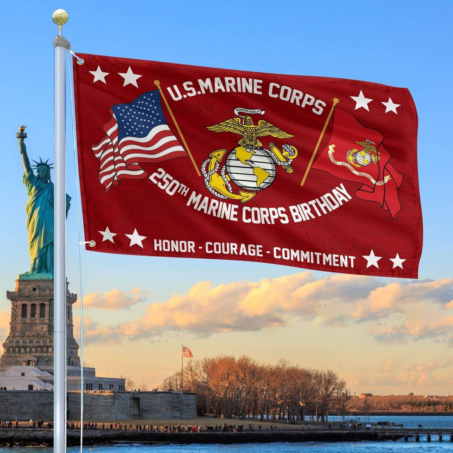 U.S Marine Corps Veteran Flag 250th Anniversary Honor Courage Commitment Outdoor Decor - Pvr