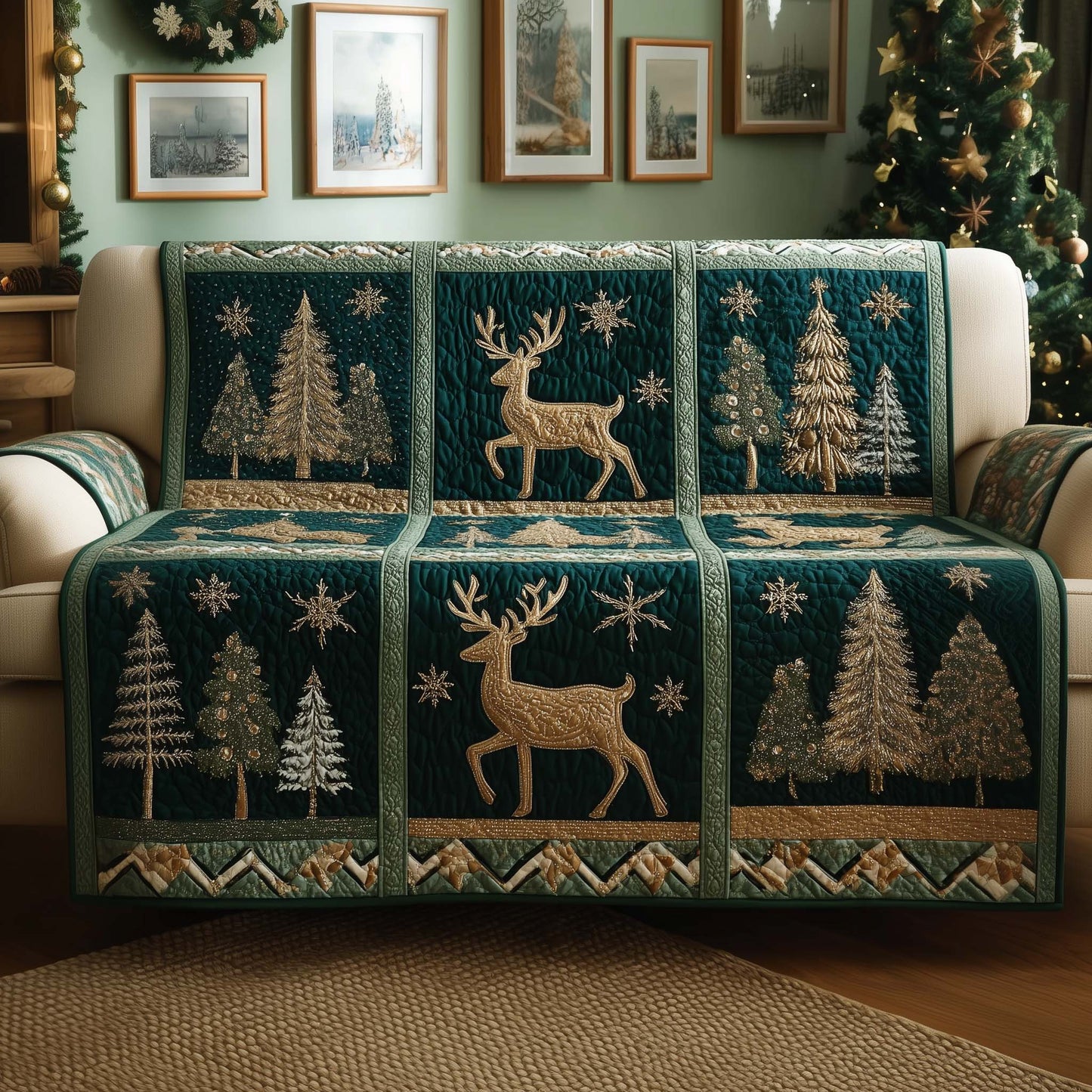 Yuletide Patchwork Quilted Sofa Cover Patchwork Sofa Guard Christmas Deer Themed Gifts For Him
