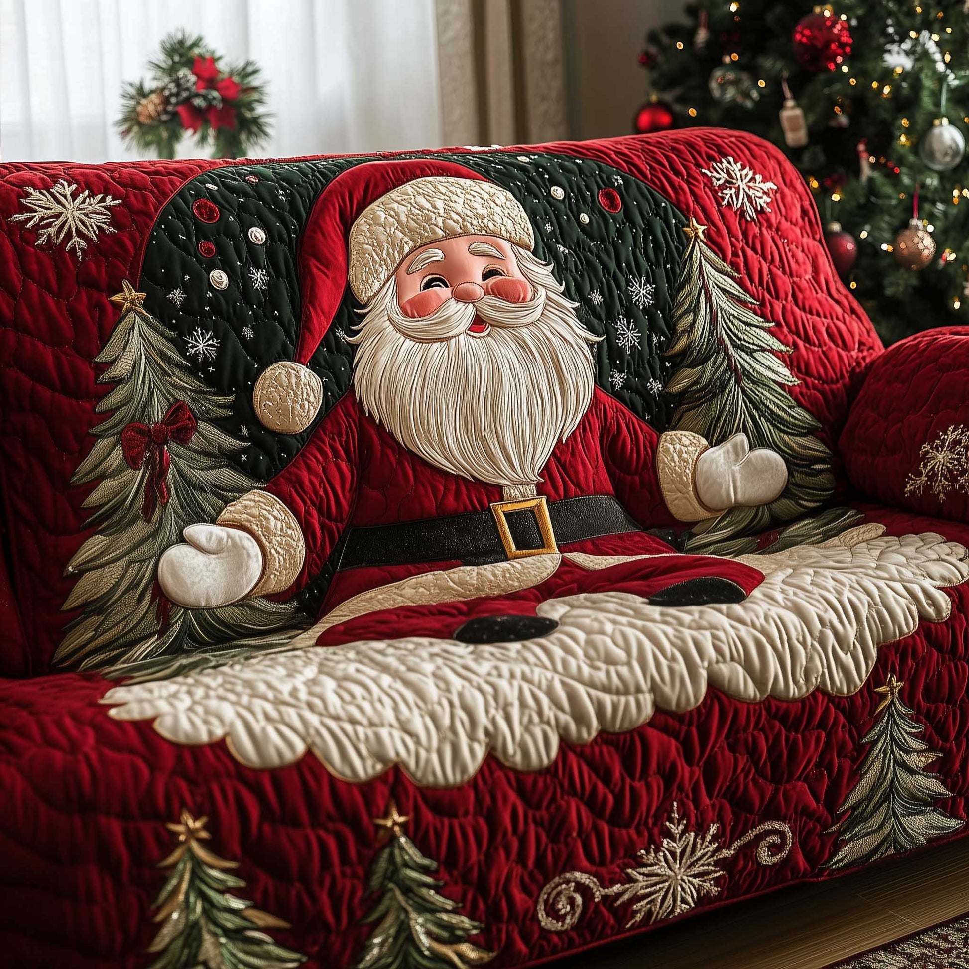 Santa Warm Quilted Sofa Cover Brighten Living Room Decor Dust Resistant Gifts For Sister