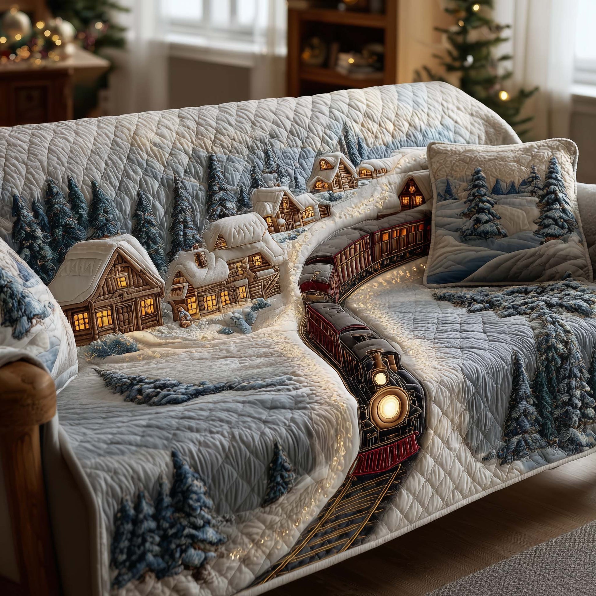 Yuletide Express Quilted Sofa Cover Christmas Express Train Gifts Christmas For Adults