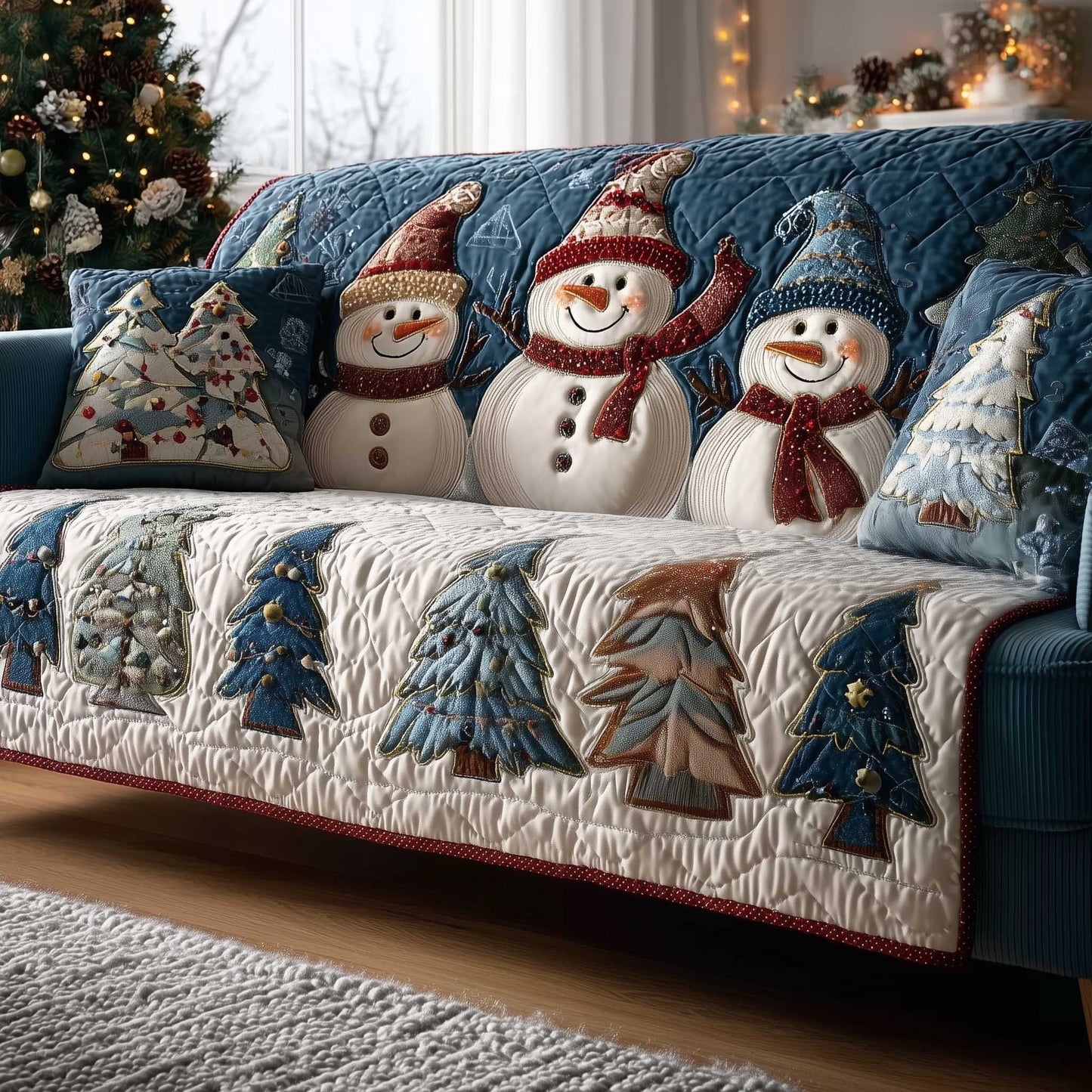 Snowman Cute Quilted Sofa Cover Luxury Festive Warm Protection Gift For Christmas Holiday