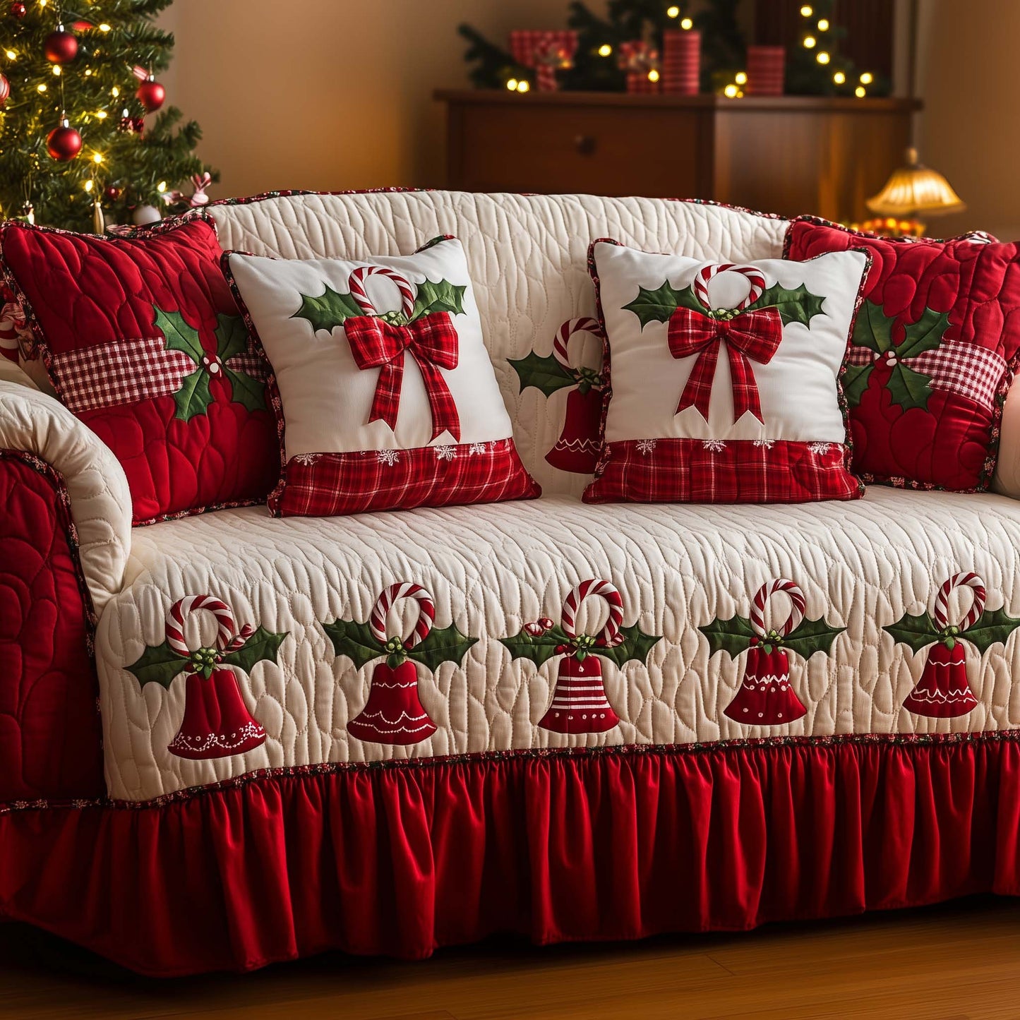 Christmas Bells Quilted Sofa Cover Festive Cute Bow Dust Repellent Warm Themed Gifts