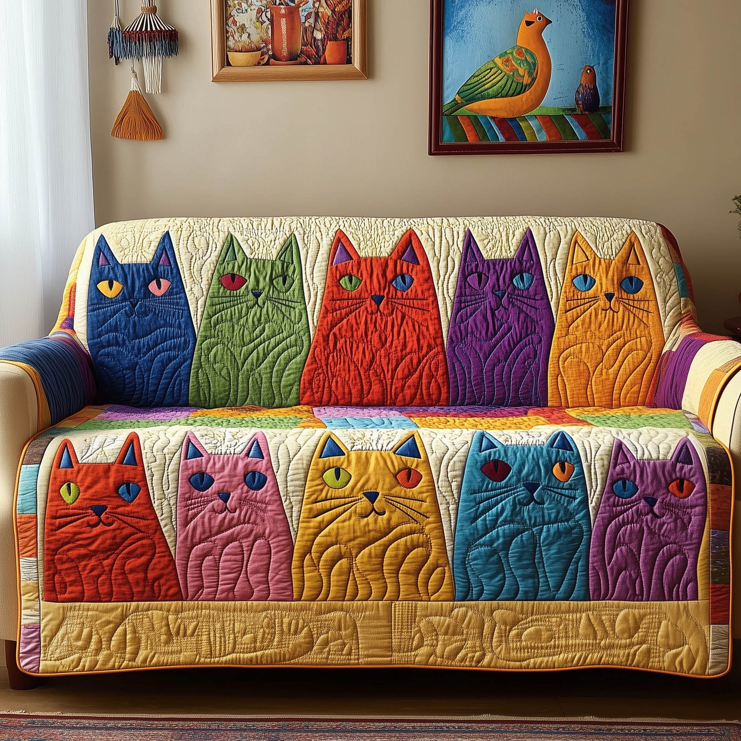 Whimsy Cat Quilted Sofa Cover Funky Whimsical Cat Playful Decor Kitten Christmas Presents