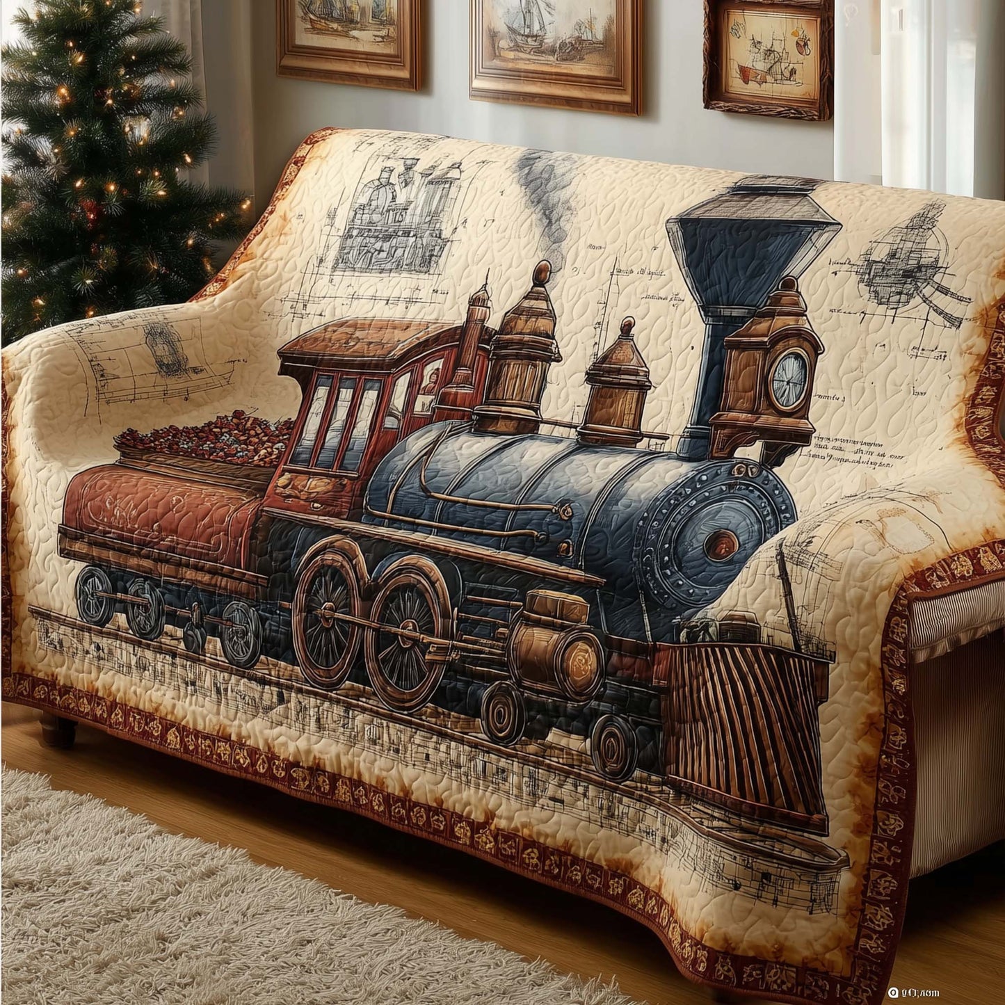 Vintage Train Quilted Sofa Cover Durable Vintage Railcar Sofa Throw Train Gifts