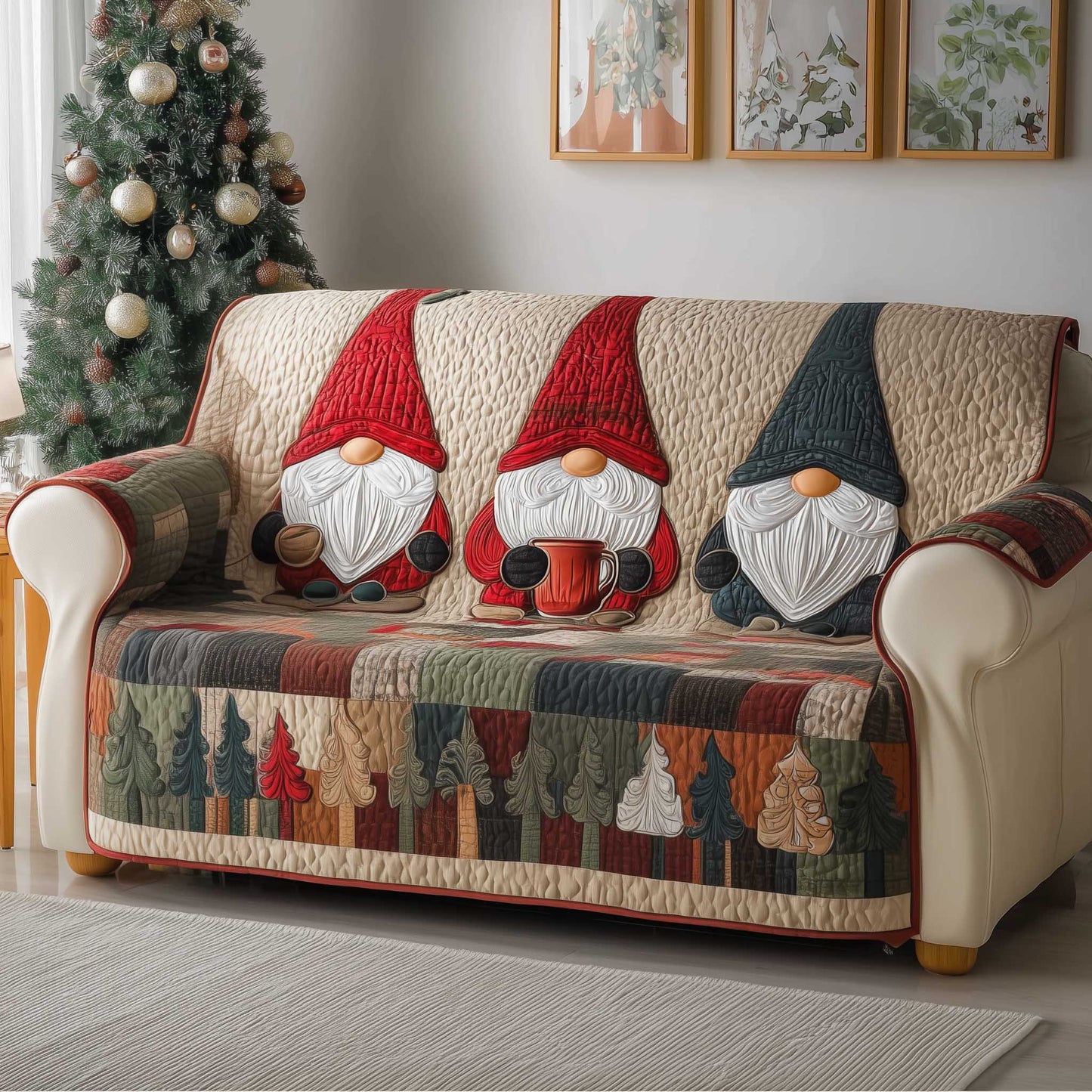 Gnome Quilted Sofa Cover Whimsical Holiday Motif Gnome Christmas Gift Ideas