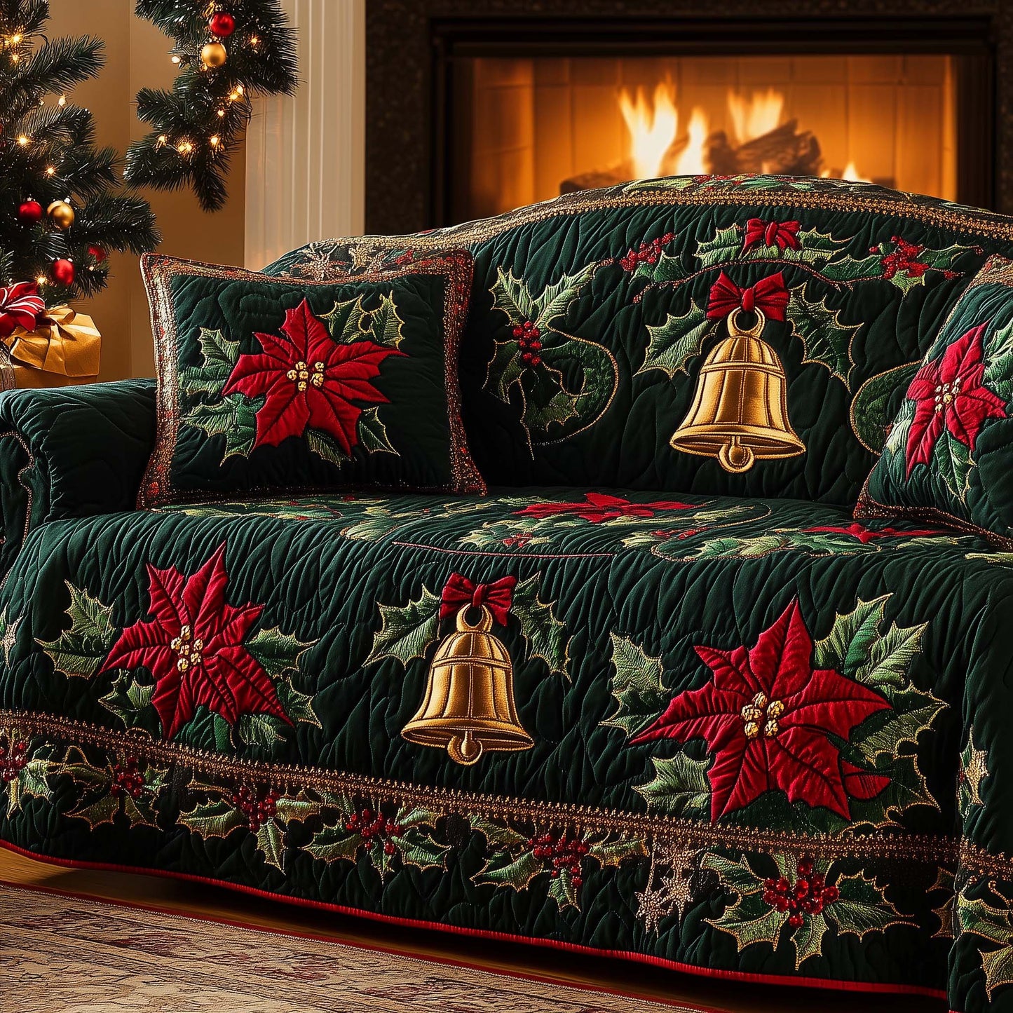 Christmas Bells Quilted Sofa Cover Bells Sofa Guard Dust Resistant Warm Themed Gifts