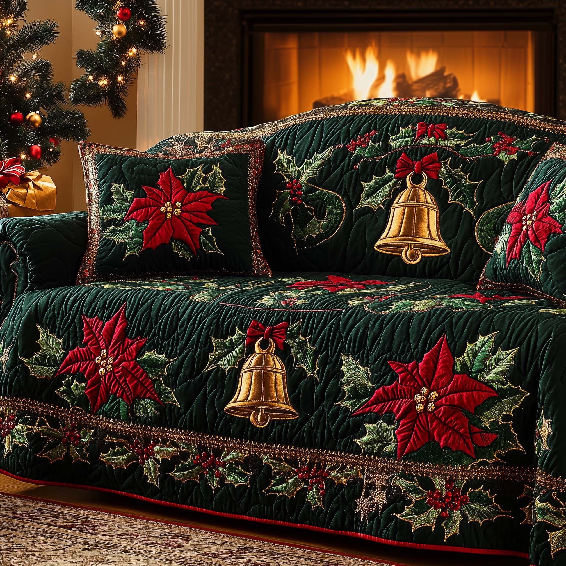 Christmas Bells Quilted Sofa Cover Bells Sofa Guard Dust Resistant Warm Themed Gifts