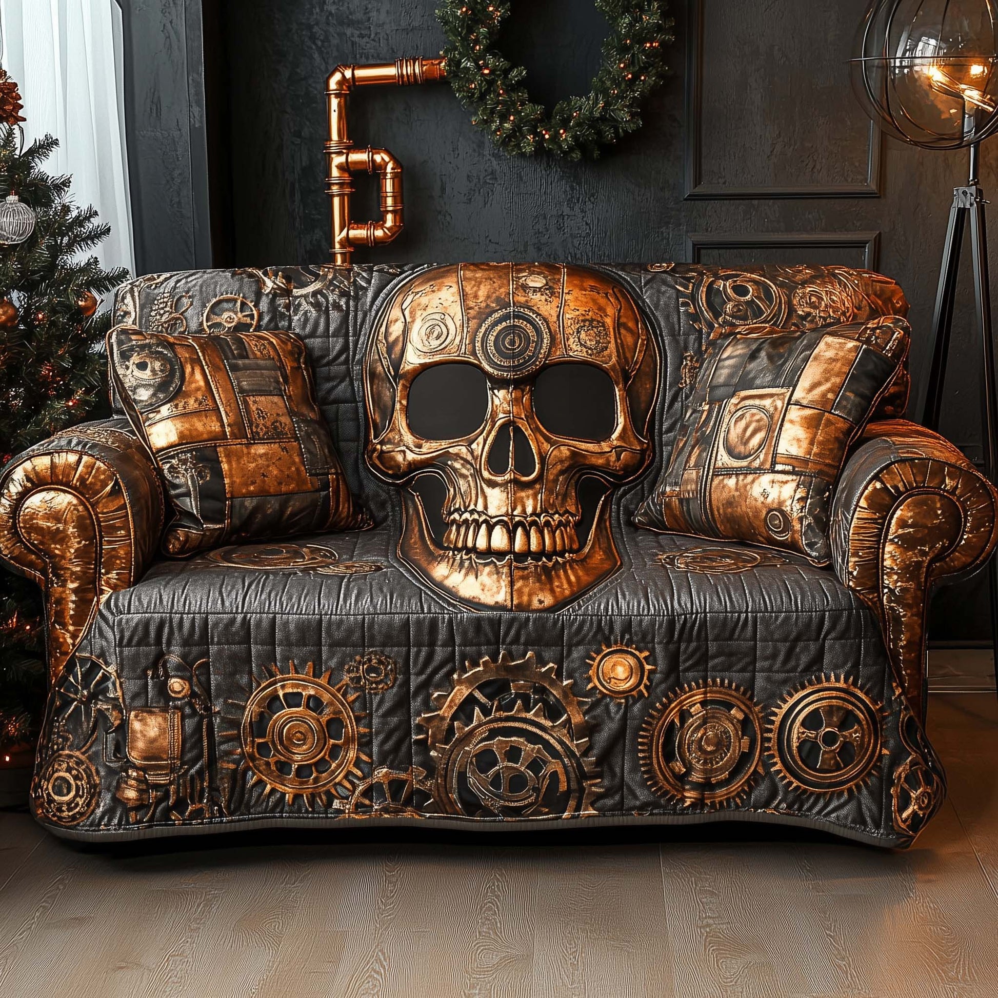 Steampunk Skull Quilted Sofa Cover Gears and Cogs Design Skull Graphic Cover Themed Gifts